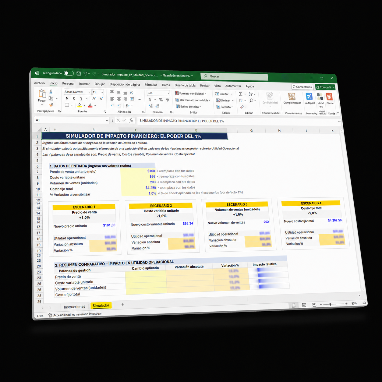 Recurso descargable. Planilla Excel mide impacto en utilidad bruta ante cambios en ventas, costos directos, volumen y costos fijos.