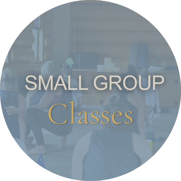 A group of small children participating in a fitness or yoga class in a rustic wooden room, with the words "Small Group Classes" overlaid.