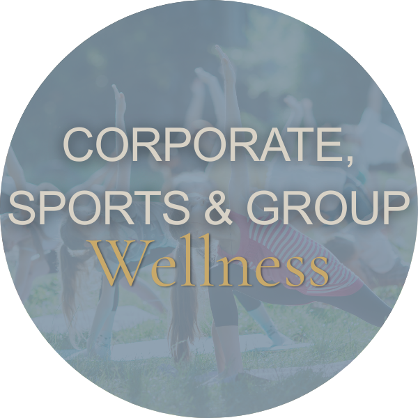 A promotional graphic for a wellness program that combines corporate, sports, and group activities. The background features people doing yoga or stretching outdoors.