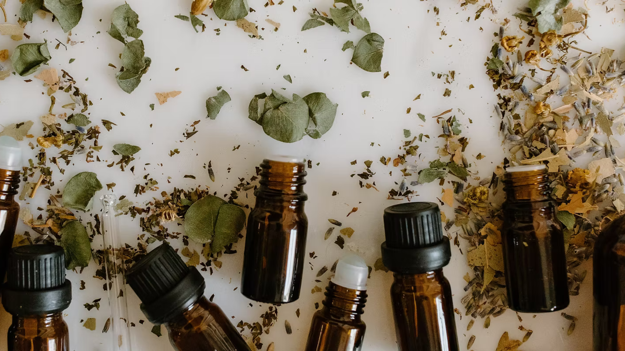 Collection of small amber glass bottles with black caps surrounded by dried leaves and plant materials on a white surface.