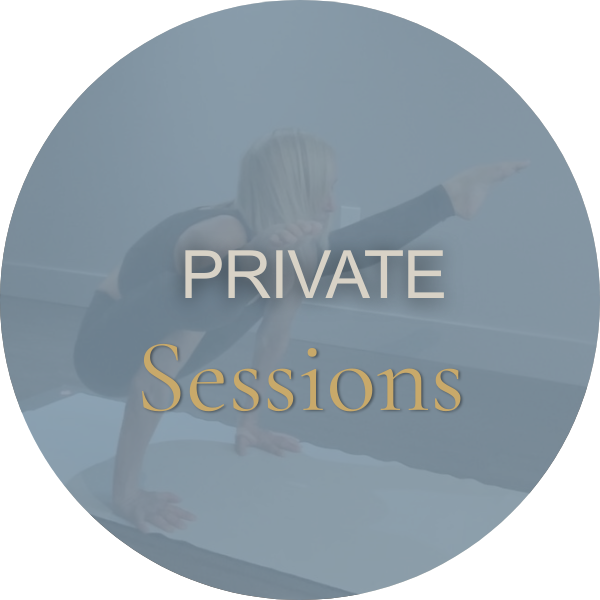 A woman performing yoga on a mat with the words "PRIVATE Sessions" overlayed.
