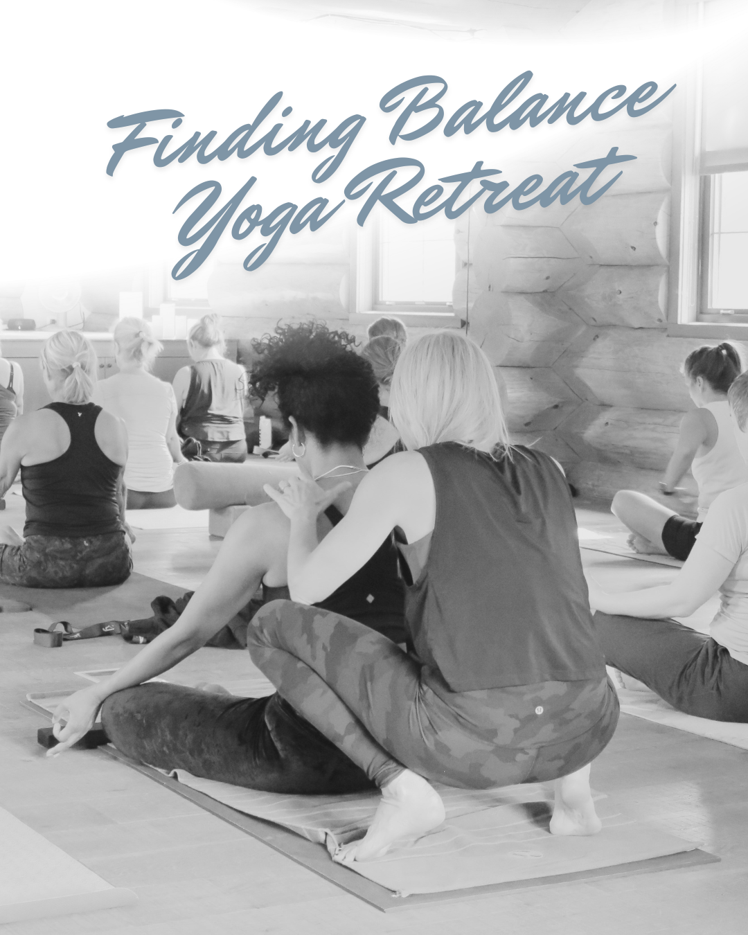 A group of people practicing yoga in a rustic indoor space with wooden walls and natural light, sitting on yoga mats and engaging in a meditation pose.