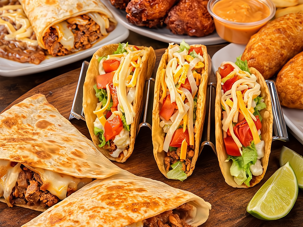 Assorted Mexican dishes including three tacos filled with ground beef, cheese, lettuce, tomato, and sour cream, along with two flautas, melted cheese quesadillas, and a side of dipping sauce.
