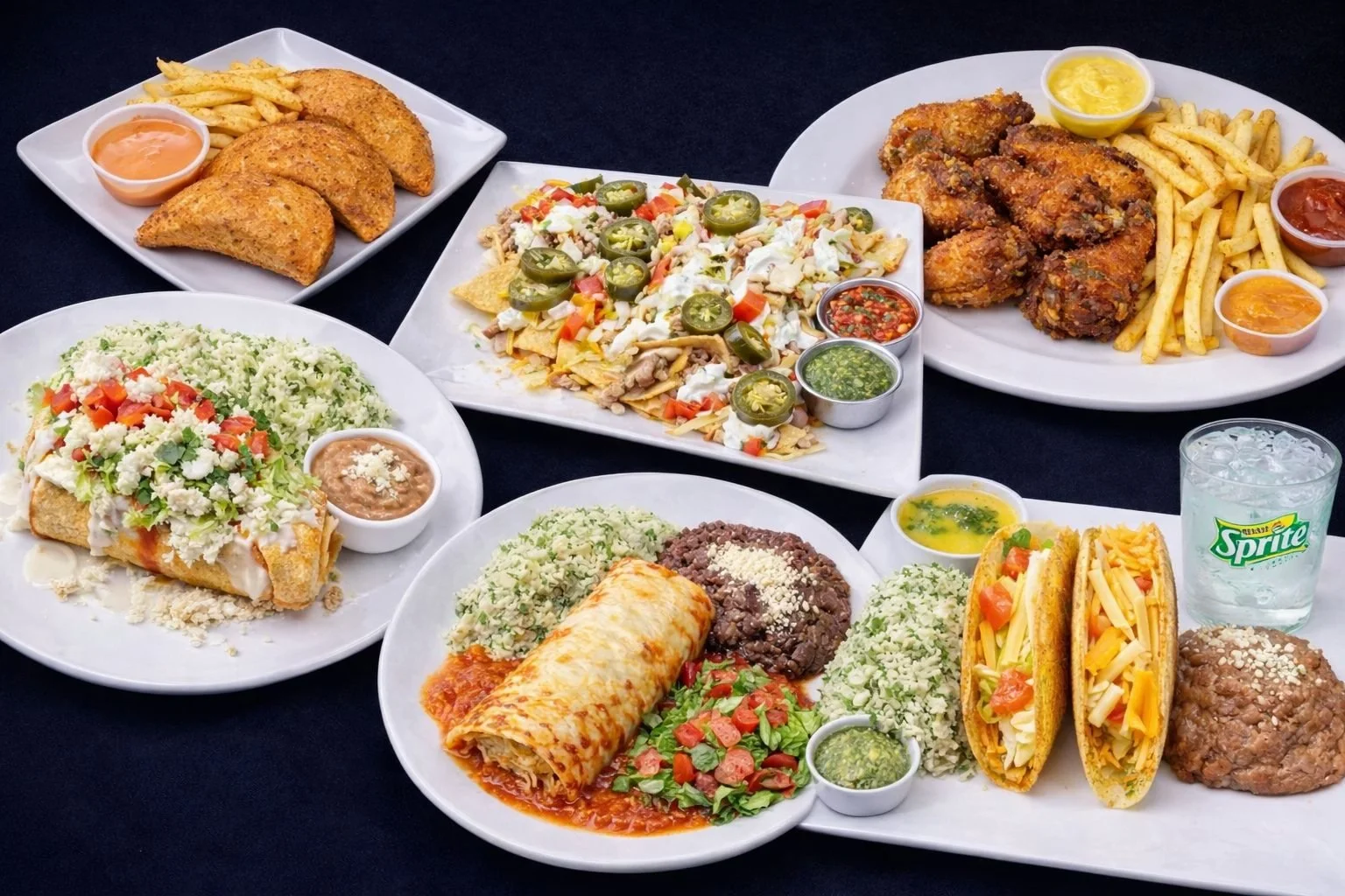 A table filled with Mexican food including tacos, burritos, rice, beans, nachos, fried chicken, French fries, sauces, and a glass of Sprite.