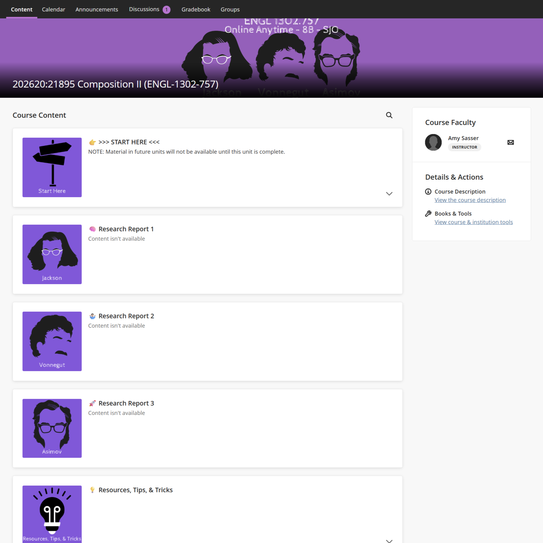 Online course homepage featuring a purple-themed header with three stylized profiles of women with glasses, titled '202620:21895 Composition II (ENGL-1302-757)'. The course content section includes a start here icon and individual listings for resear