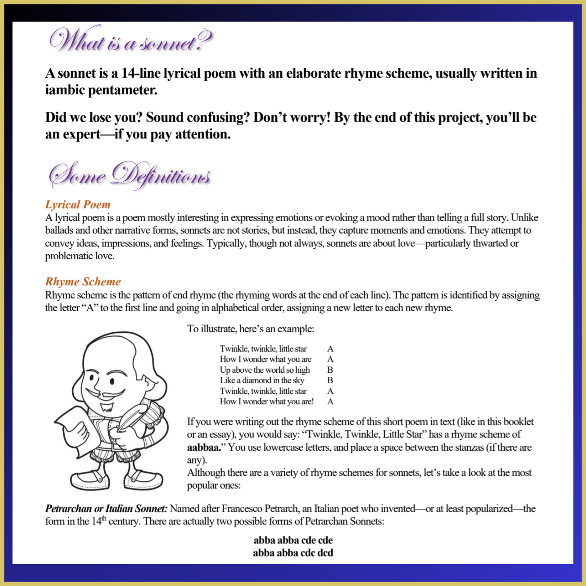 Sonnet Cheat Sheet simplifies a complex poetic structure