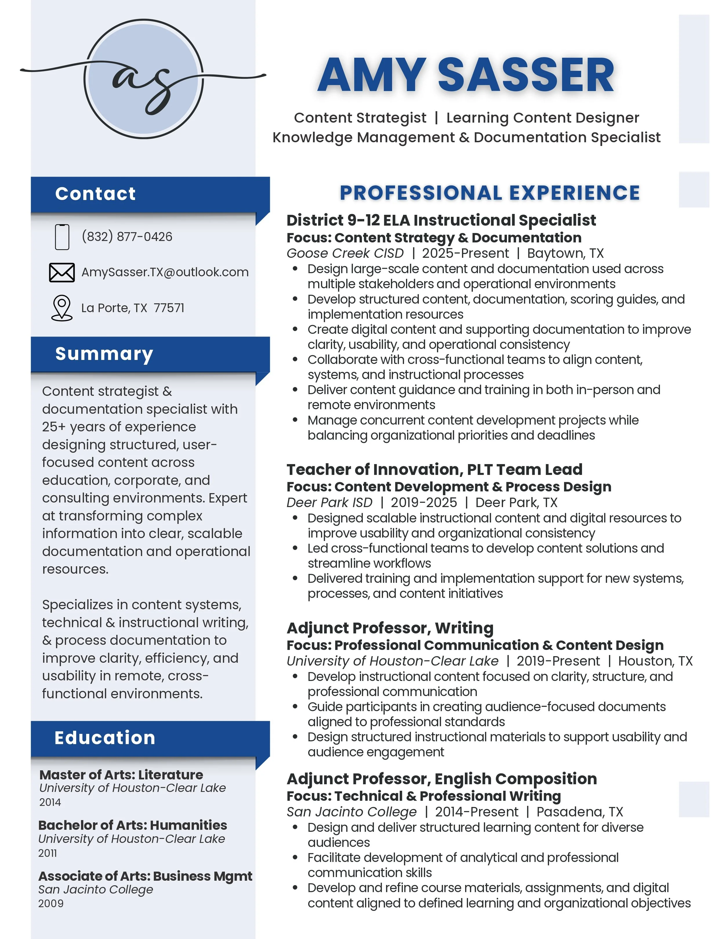 A resume for Amy Sasser listing personal details, professional experience, education, and skill set.