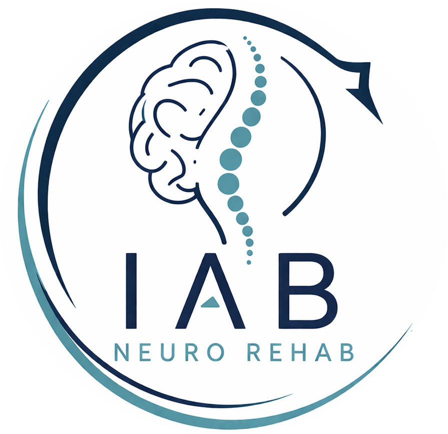 Logo for IAB Neuro Rehab featuring a stylized brain with a spine and circular design elements.