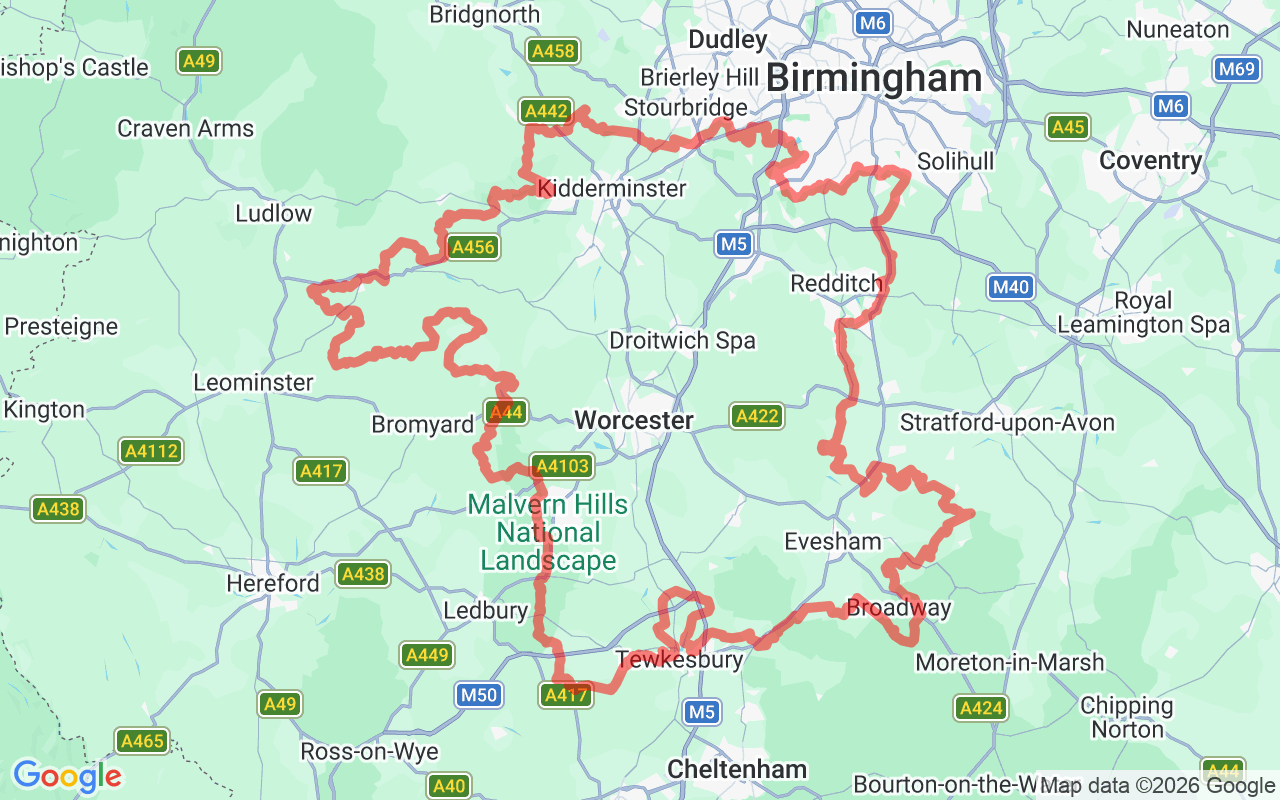 Map of Warwickshire, England, with a red line outlining a route passing through towns such as Birmingham, Redditch, Evesham, Tewkesbury, and Warwick.