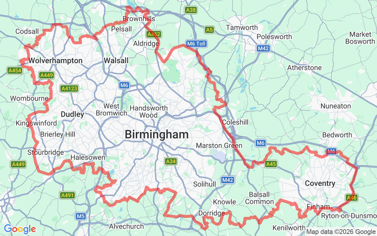 Map of Birmingham area showing a red outline of a route passing through various neighborhoods.