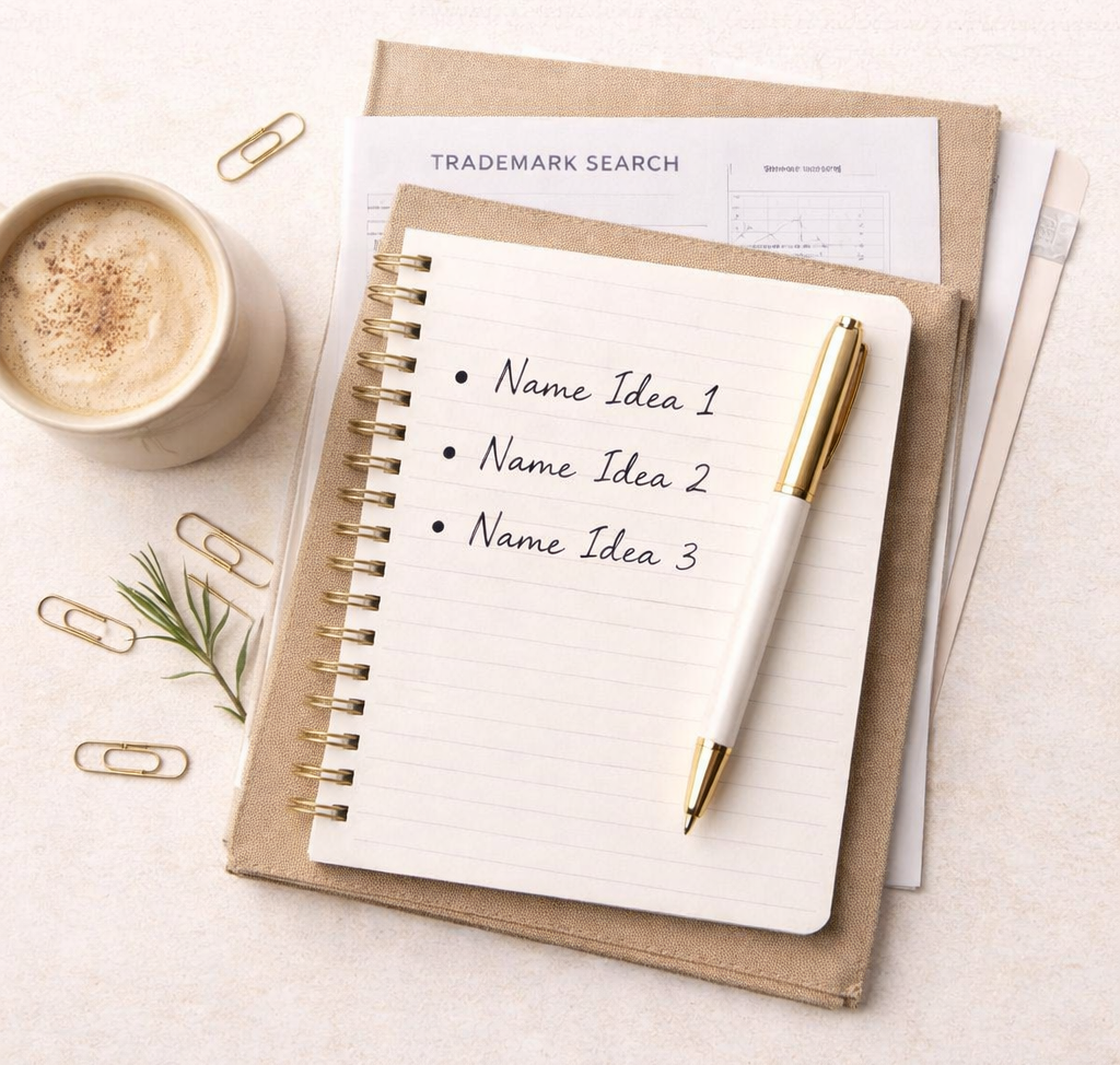 A desk scene with a lined notepad, a gold and white pen, a coffee cup with frothy coffee, a few paper clips, some documents, and a sprig of greenery on a beige background.