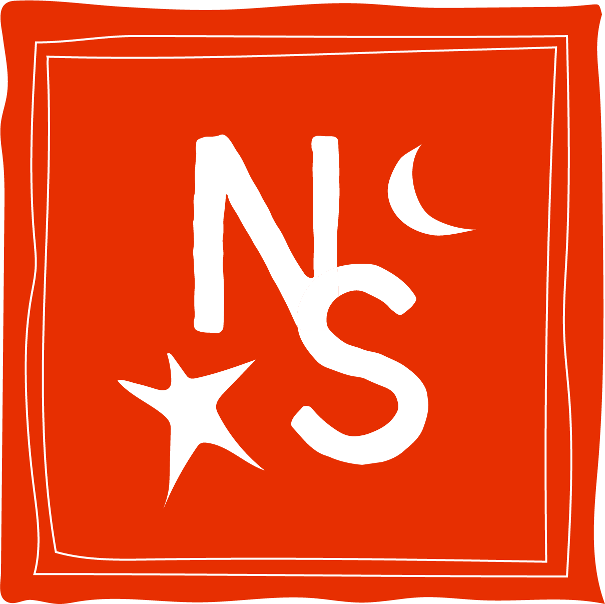 Red background with black and white text saying 'N S' and two stars, one black and one white, and a black crescent moon.