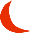 A stylized red crescent moon on a black background