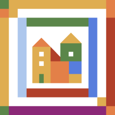 Pixel art image of colorful houses inside a frame.