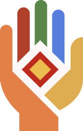 A stylized hand holding a diamond-shaped emblem with a square inside, with colorful vertical bars in the background.