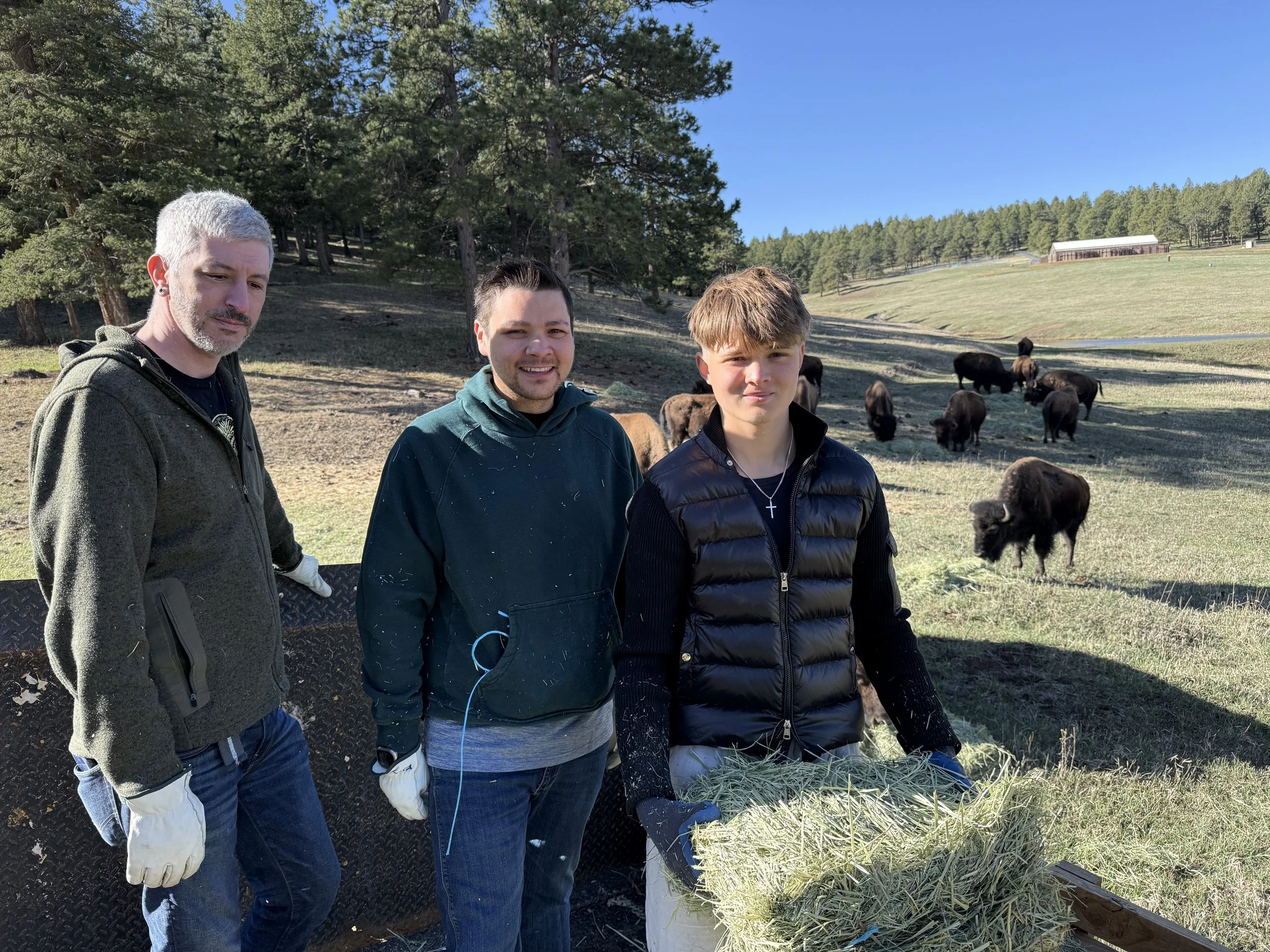 Three men standing outdoors on a farm, with bison grazing in the background, during daytime.