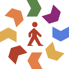 A stylized human figure walking surrounded by colorful arrows pointing outward in various directions