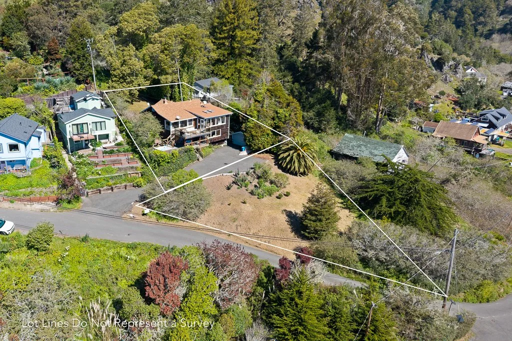 Aerial view of a residential neighborhood with several houses, trees, and a gated property outlined in white lines, indicating boundaries, on a hillside.