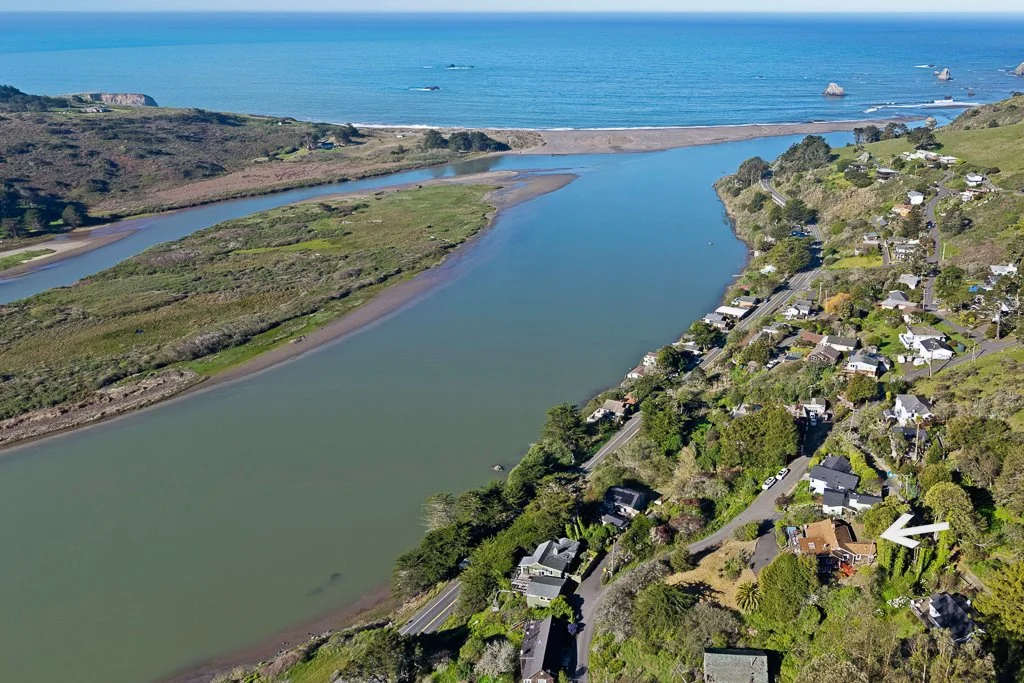 Aerial view of a coastal residential area with houses, trees, and winding roads alongside a river leading to the ocean, with rocks in the water in the background.