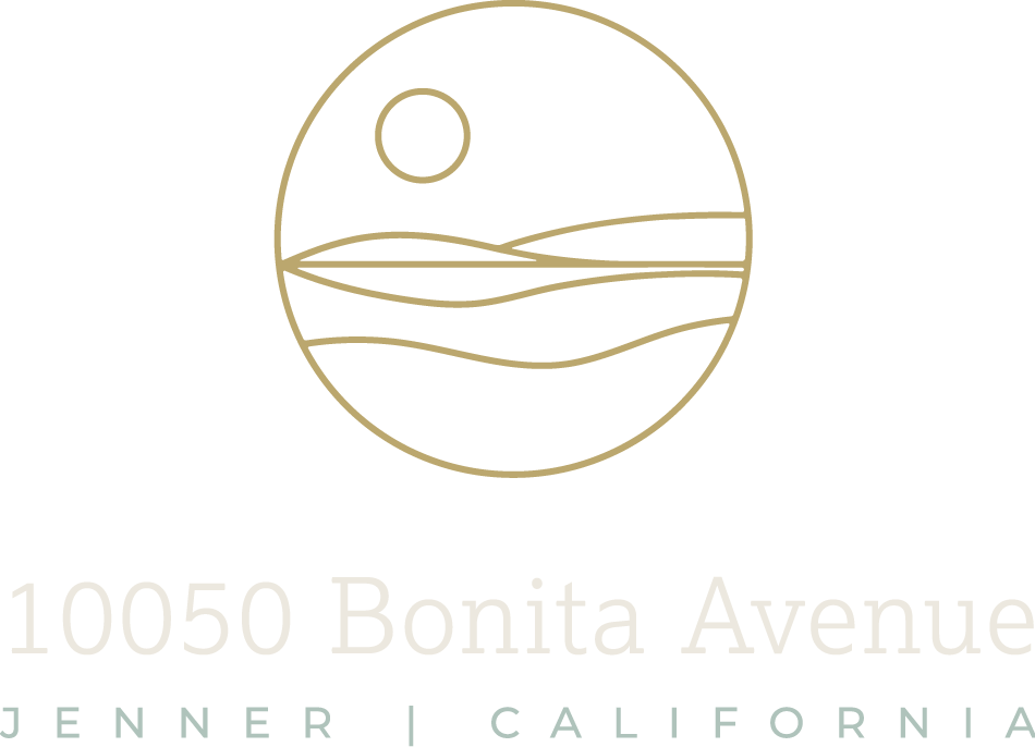 Minimalist logo featuring a circular design with a moon, a bird, and a field, above the address '10050 Bonita Avenue' and the location 'Jenner, California'.