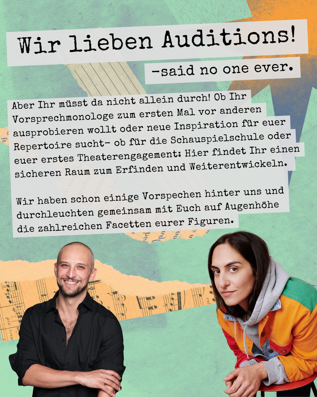 Flyer für eine Theater- und Schauspielschulgruppe mit Bildern eines Mannes und einer Frau sowie Text in deutscher Sprache.