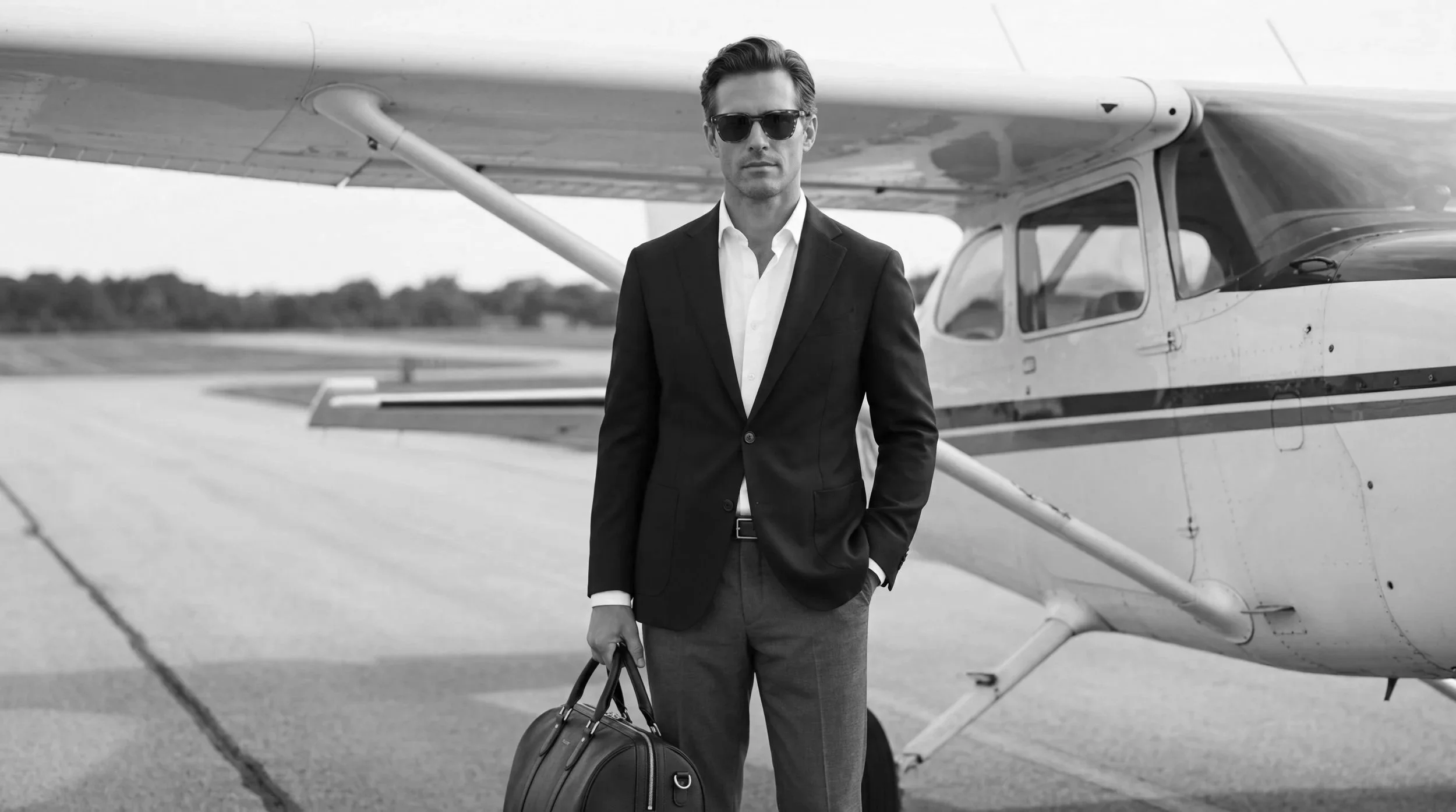 A man in a suit and sunglasses holding a leather bag stands beside a small airplane on an airport runway.