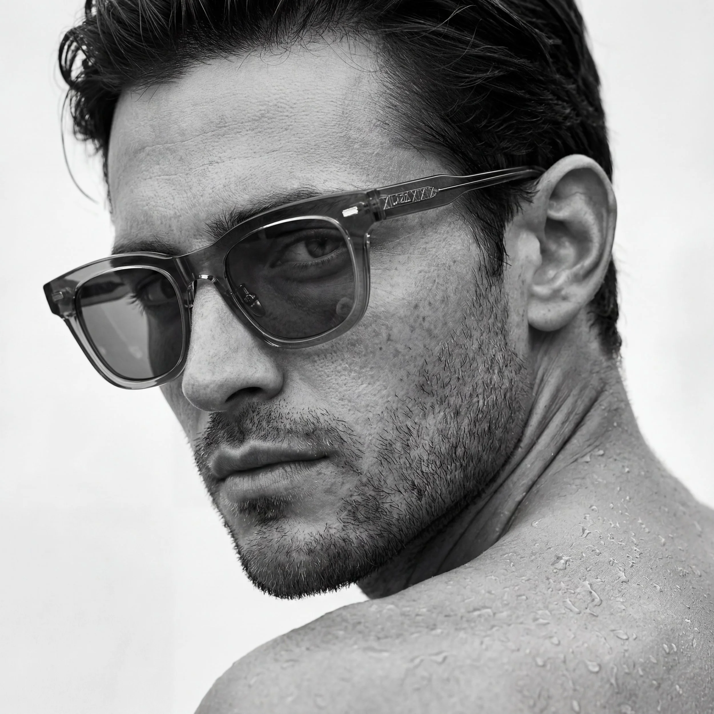 A black and white close-up of a man with sunglasses, short dark hair, and stubble, with water droplets on his shoulder.