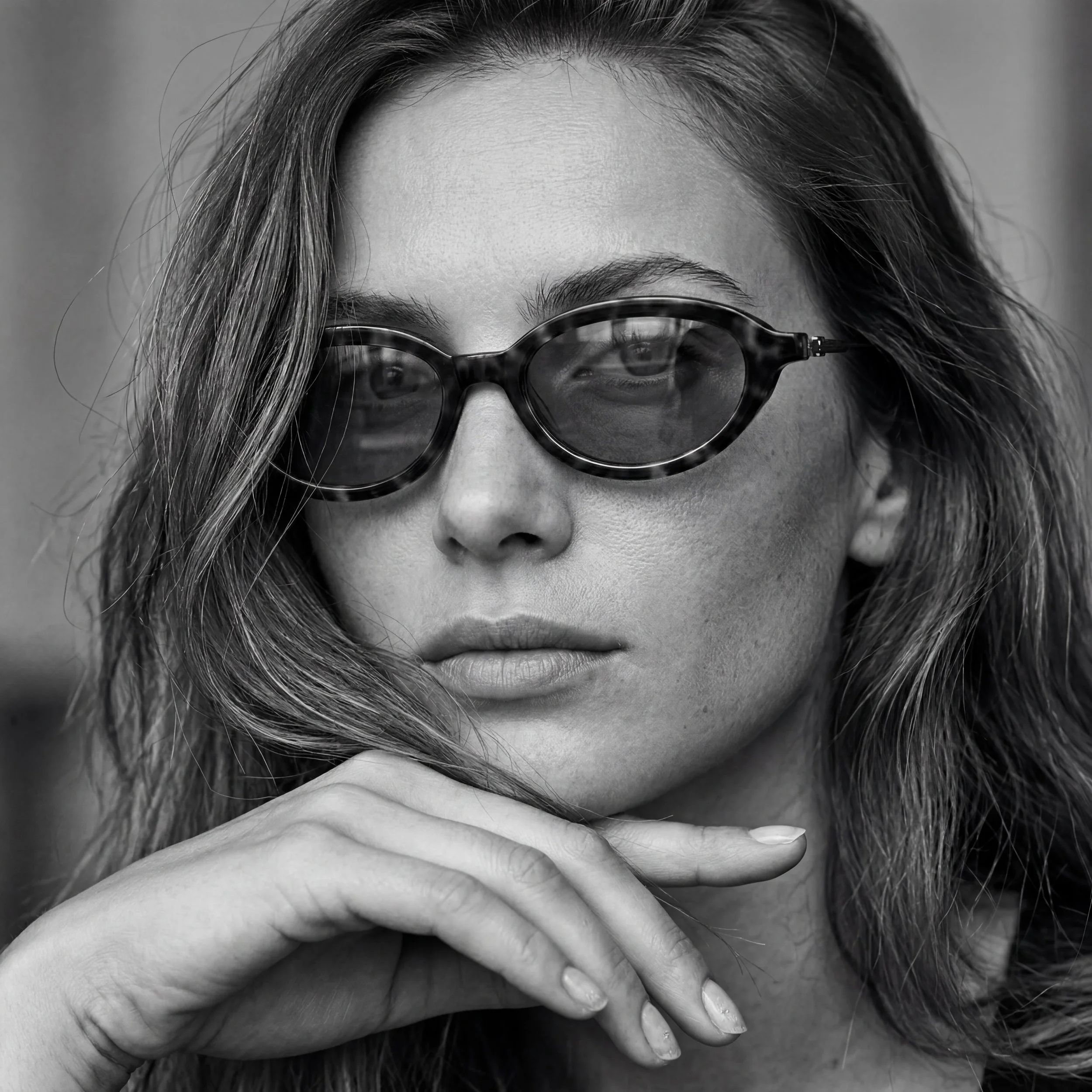 Black and white close-up portrait of a woman wearing sunglasses with a tortoiseshell pattern, her hair slightly tousled, with her hand resting near her chin.