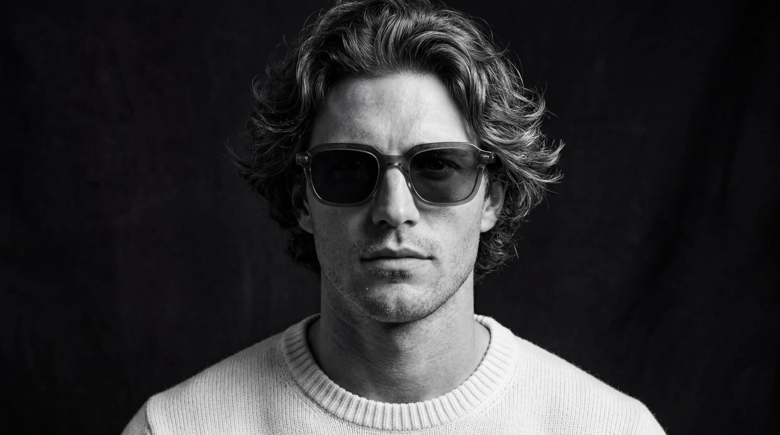 Black and white portrait of a young man with wavy hair, wearing sunglasses and a light-colored sweater, against a dark background.