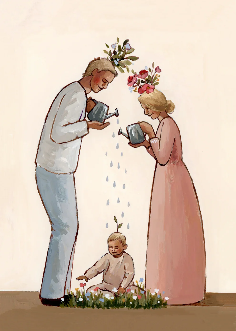 Parents using watering cans to pour water over a child in a garden, with plants growing above their heads, illustrating generational legacy.