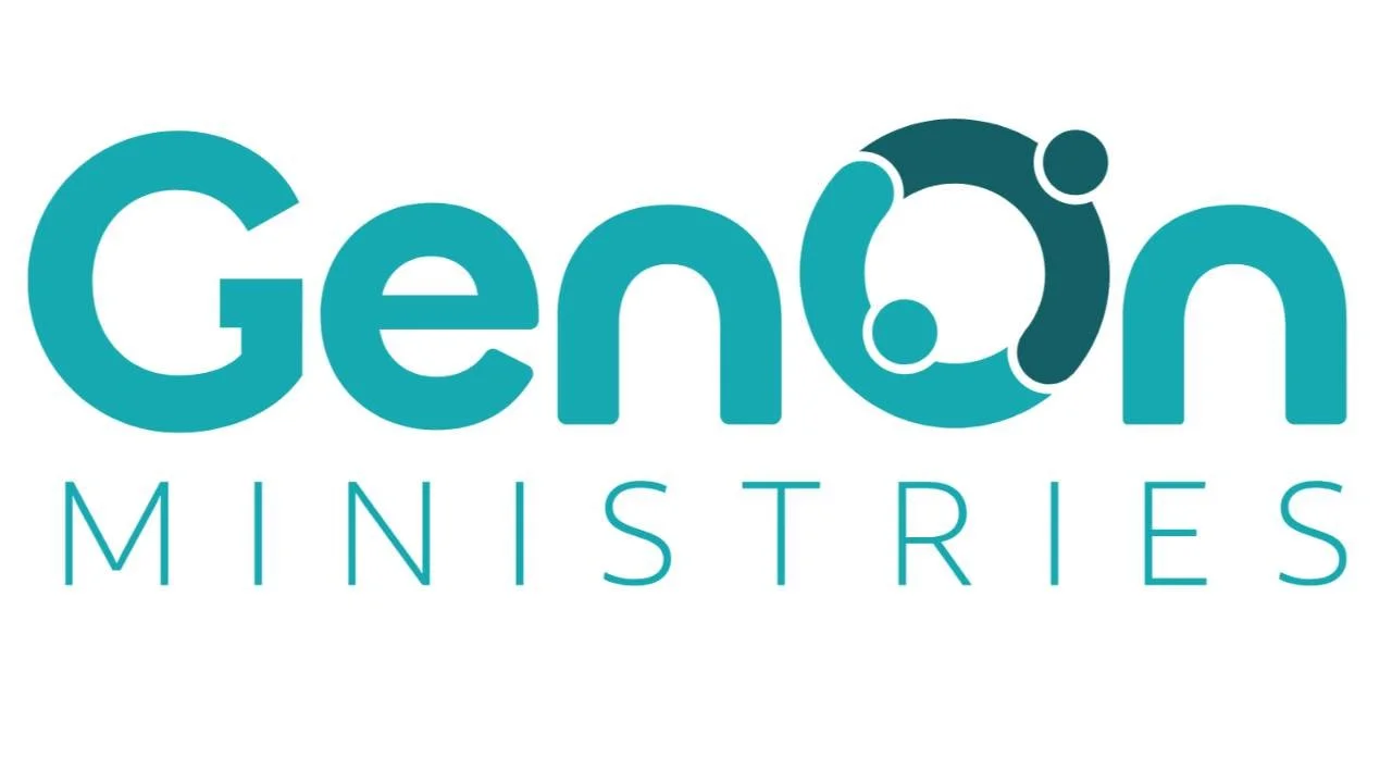 Logo for GenOn Ministries with stylized text and interconnected circles forming part of the design.