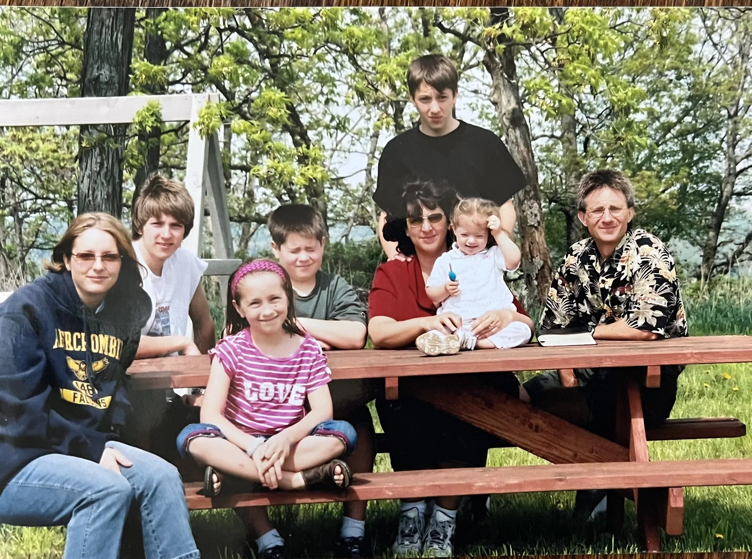 The Barclay family at Galena, Il at a picnic table at a retreat center