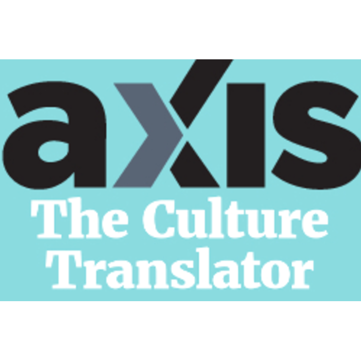 Logo for Axism, The Culture Translator, featuring the word 'axis' with the letter 'X' stylized, and the subtitle 'The Culture Translator' on a light blue background.