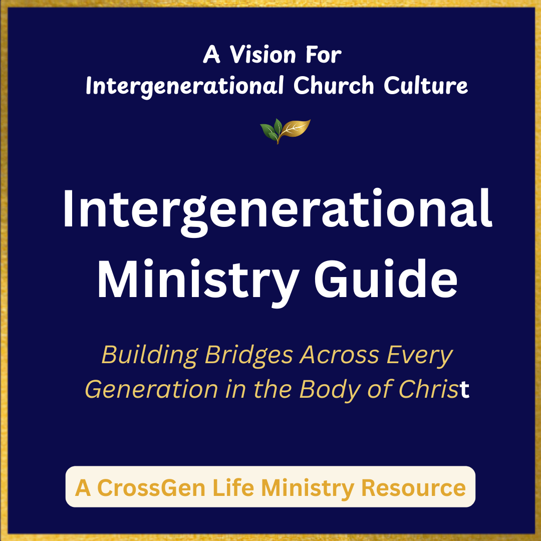 Cover of a guide titled 'Intergenerational Ministry Guide' with the subtitle 'Building Bridges Across Every Generation in the Body of Christ' and a note at the bottom that says 'A CrossGen Life Ministry Resource'. The cover has a dark blue background with a gold border and a small graphic of leaves.