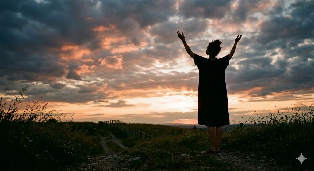 A woman lifting handfs to God to surrender everyone and everything