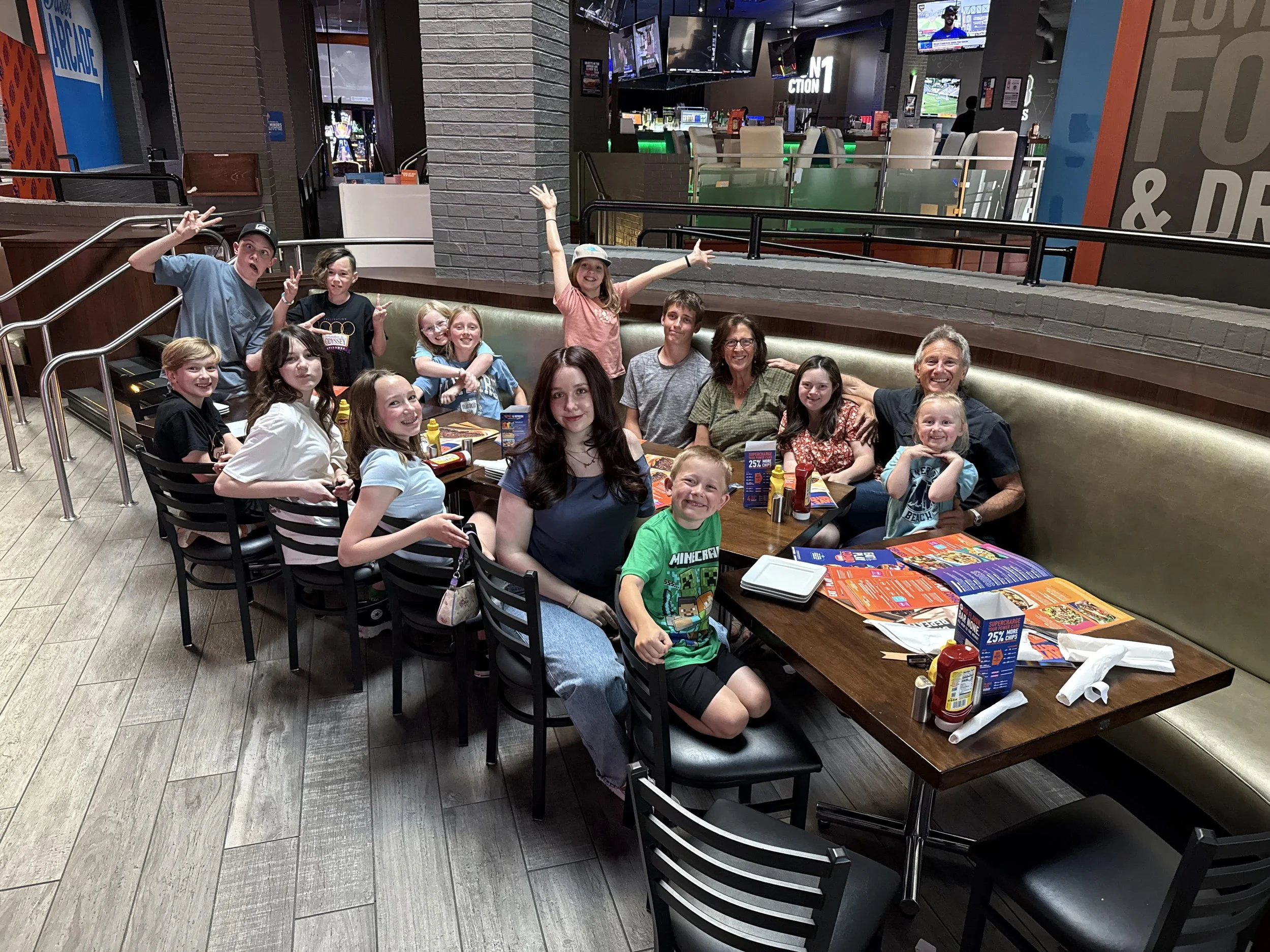grand camp, crossgen tradition, dinnertime with our older grands, Jeff and Cindy and Bethany