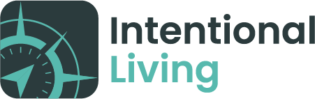 Logo with a stylized compass and the words "Intentional Living" in black and teal text.