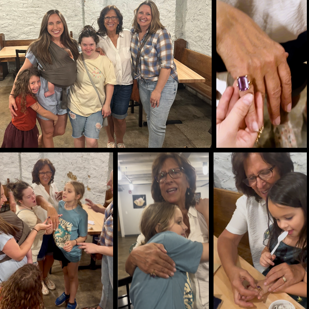 gallery of pics showing the amethyst ring on Cindys hand and her family celebrating with her