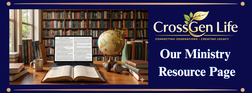A digital graphic promoting CrossGen Life ministry resource page. The left side shows a wooden table with open books, a mug, and a globe, in front of a background of a large bookshelf filled with books. The right side features a blue background with the CrossGen Life logo and the text 'Our Ministry Resource Page'.