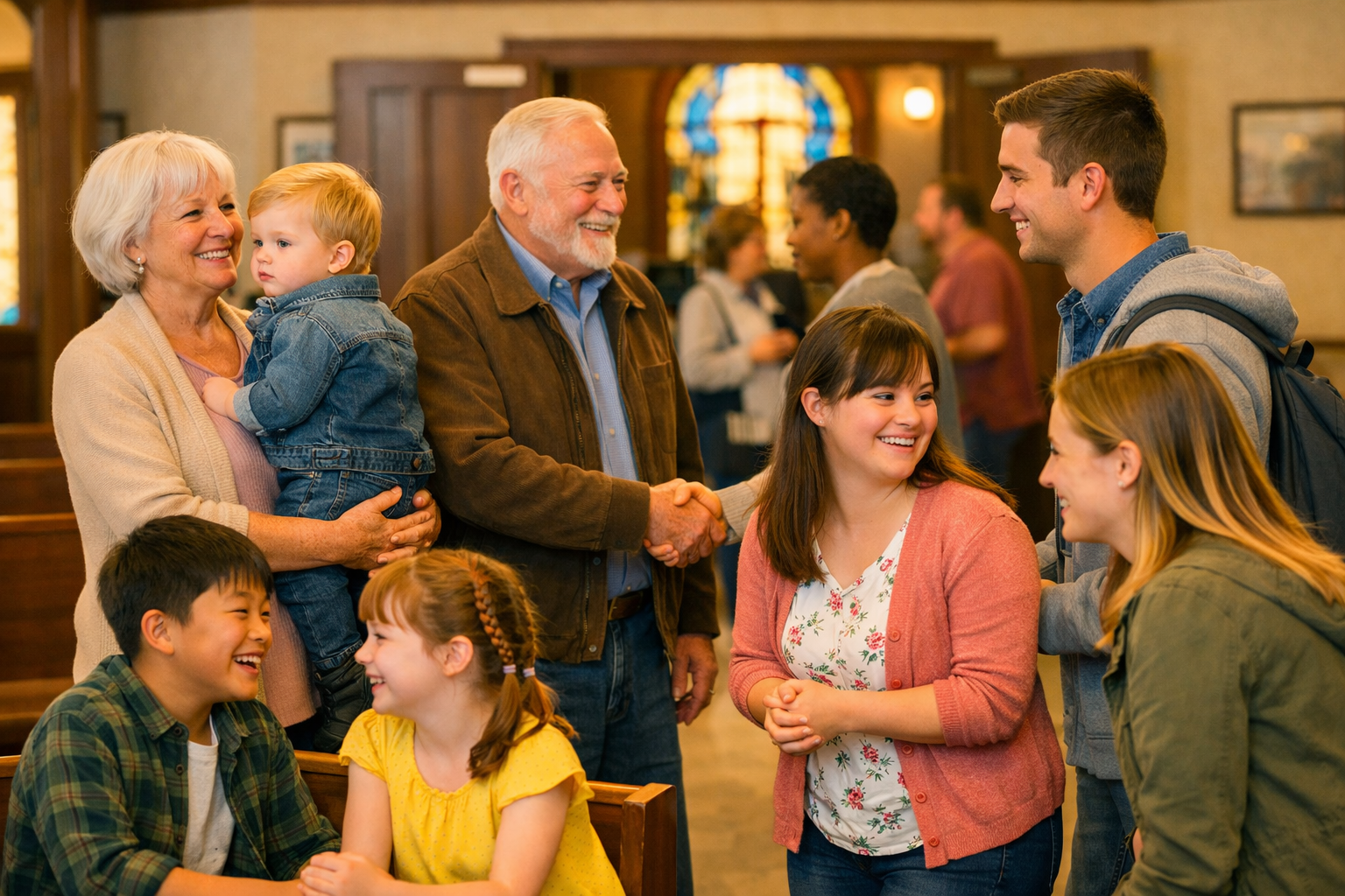 all generations, genders, and races fellowshipping and greeting each other in a foyer at church the family of God