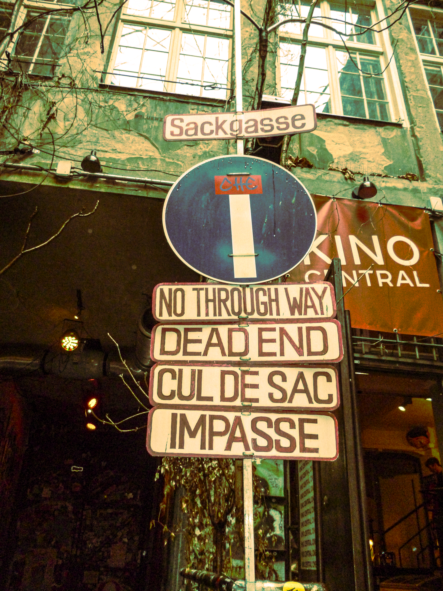 Street signs at Sackgasse intersection indicating no through way, dead end, cul de sac, and impasse, with ivy-covered building and window in the background.