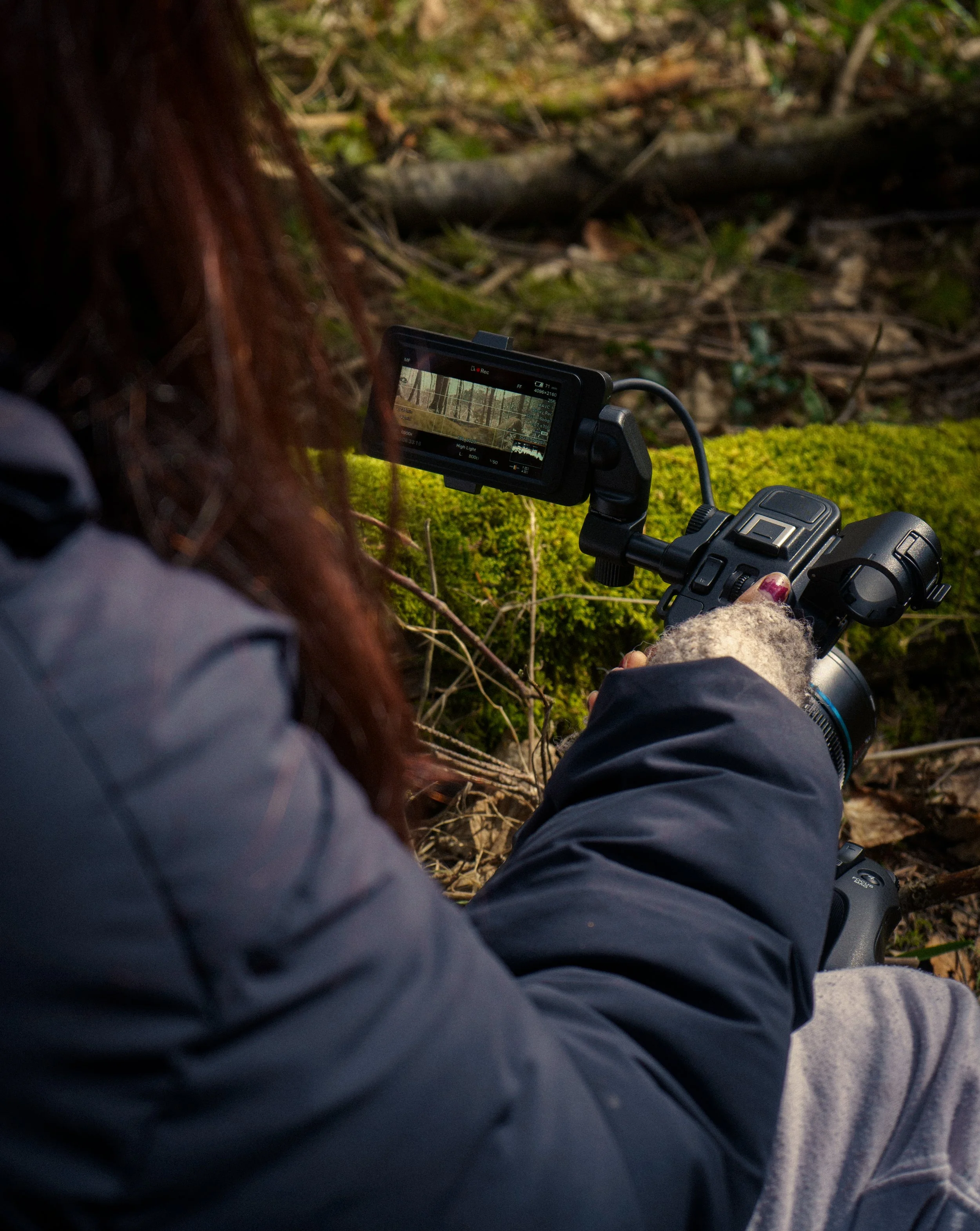 Person using a camera to record video in a forested area with moss and fallen branches.