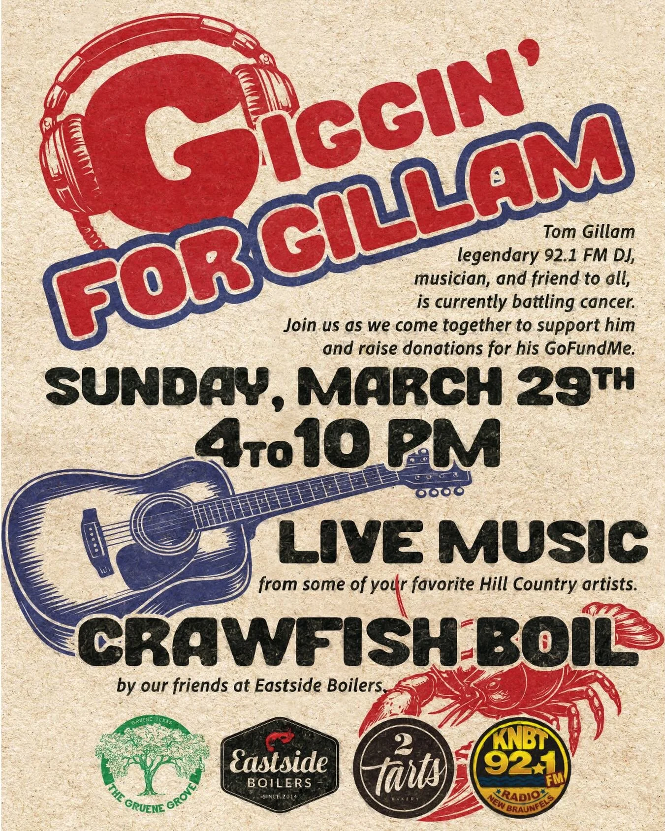 Giggin&rsquo; for Gillam 🎶
Our friend Tom Gillam &mdash; legendary KNBT 92.1 FM DJ, musician, and a familiar voice to so many across the Hill Country &mdash; is continuing his fight against cancer. We&rsquo;re bringing the community together for a n
