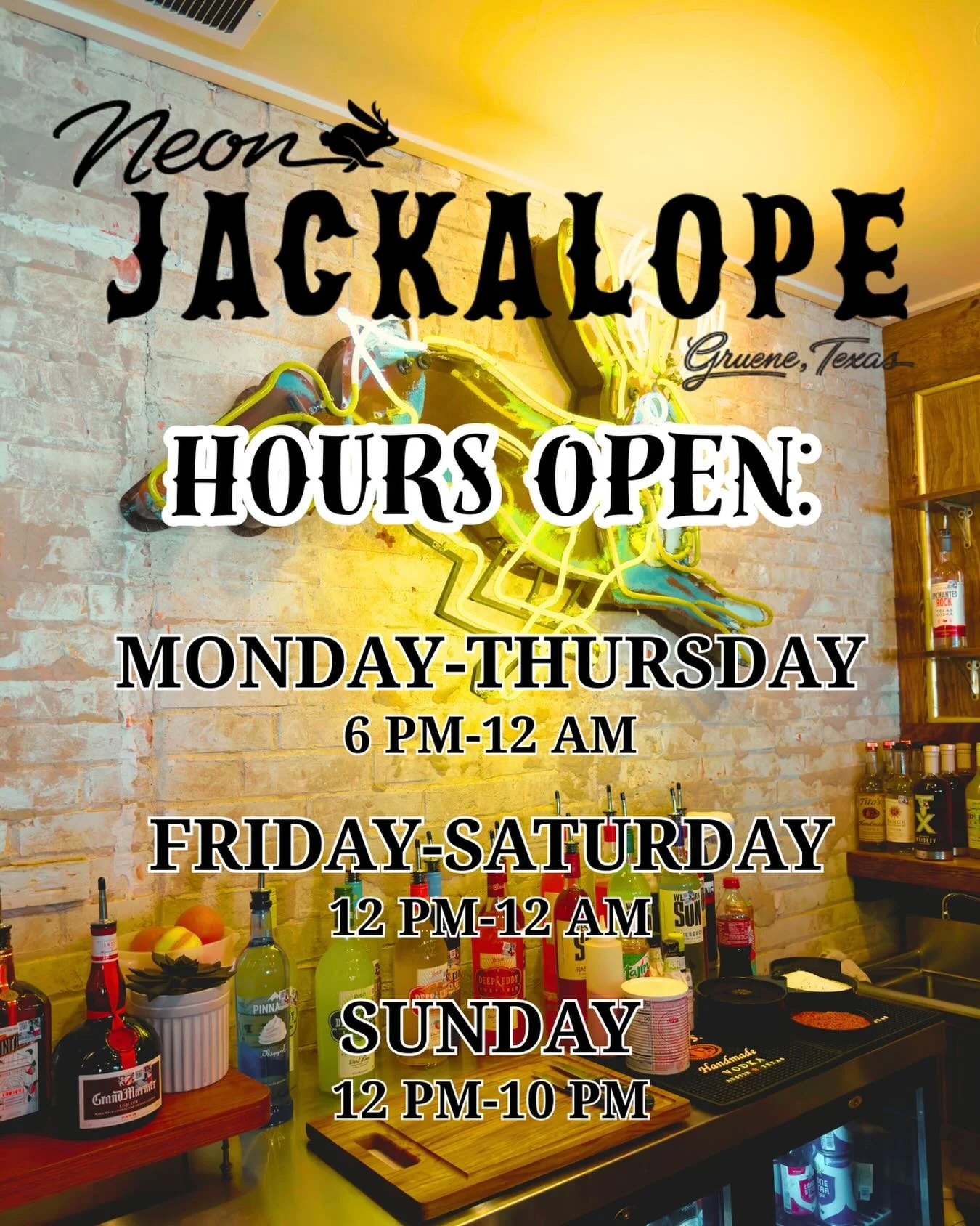 We&rsquo;ve got our doors open and the lights on 🍻✨
Come see us at Neon Jackalope and lock in your new spot in Gruene.

⏰ Hours:
Mon&ndash;Thurs: 6PM&ndash;12AM
Fri&ndash;Sat: 12PM&ndash;12AM
Sunday: 12PM&ndash;10PM

Cold drinks, good vibes, and a n