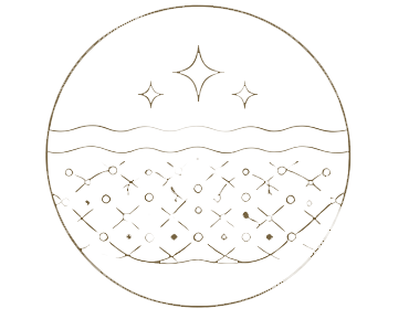 Circle with starry sky, waves, and geometric patterns inside.