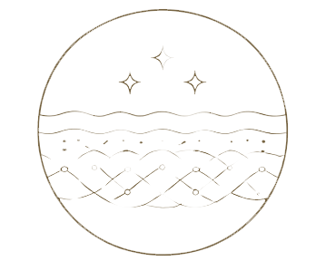 Minimalist line art of a circular scene showing stars and a landscape with waves and geometric patterns in black and white.