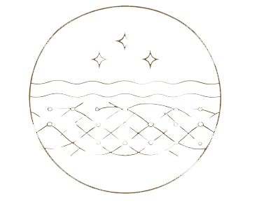 Stylized illustration of stars above a horizon and a landscape with geometric patterns.