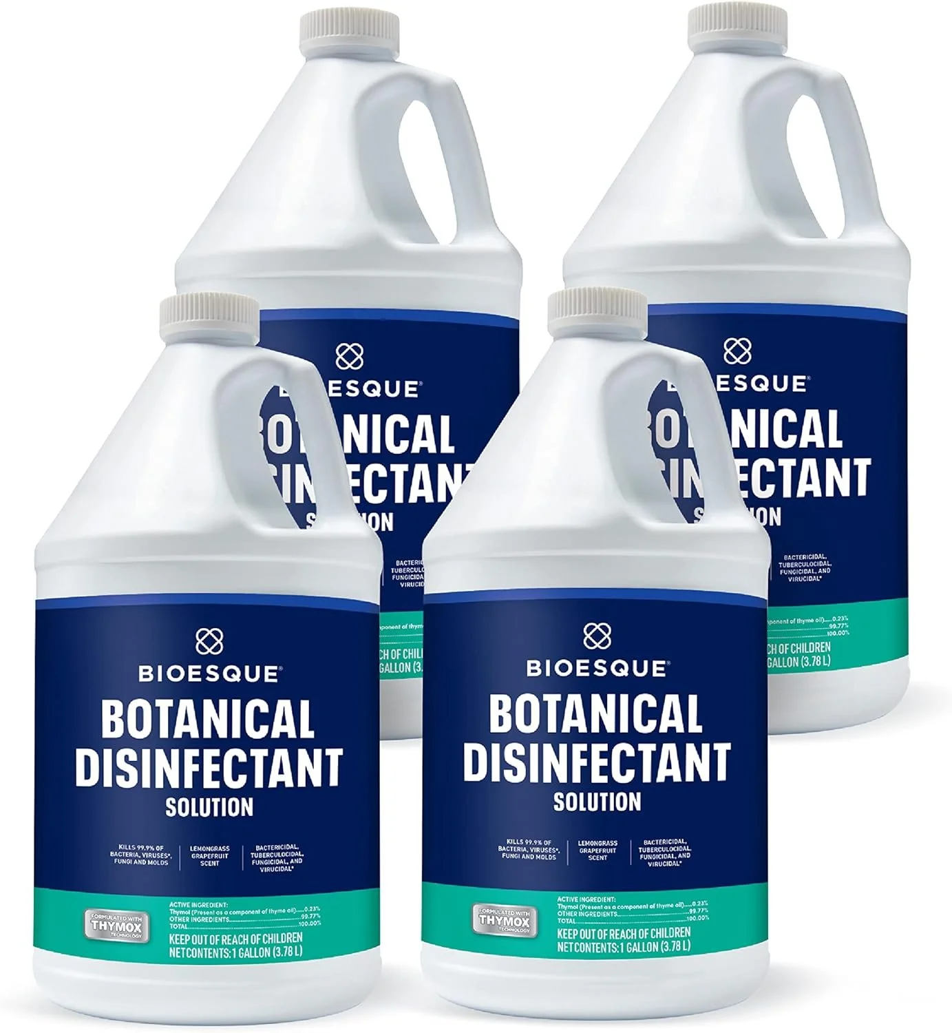 Four bottles of Bioesque Botanical Disinfectant Solution, white bottles with blue labels, arranged in a group.
