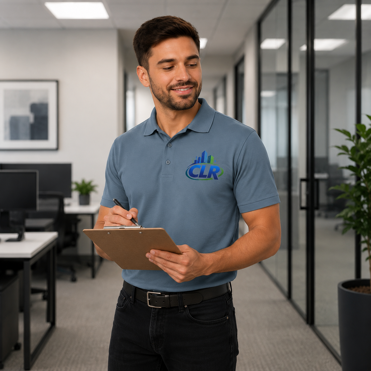 A man in a blue polo shirt with a company logo, standing in an office, holding a clipboard and pen, smiling while looking down.