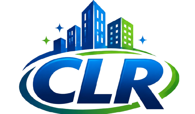Illustration of blue and green city buildings with the text 'CLR' in large blue letters in the foreground.